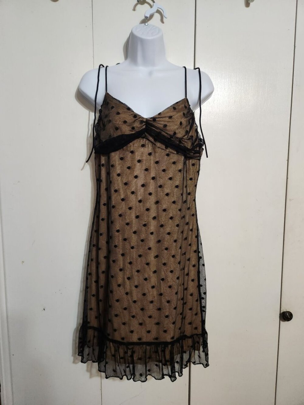 SHEIN Dress Sz 12 Polka Dot Mesh Overlay Spaghetti Strap Ruffle FITS LIKE SMALL